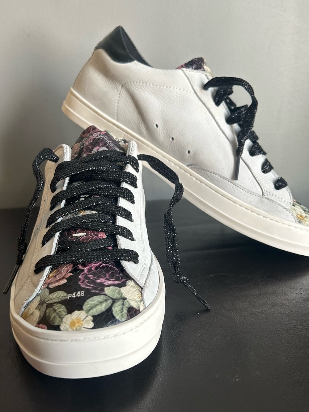 P448 White Leather Sneakers with Floral Tongue Detail